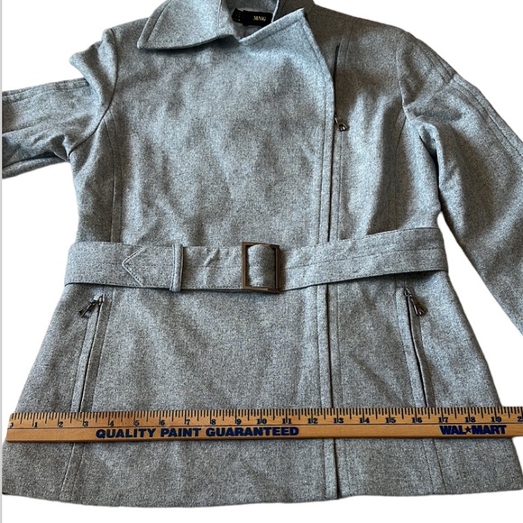 MNG Wool Blend Moto Zip Up Belted Jacket Gray Quilted Satin Lining Size US Small - Picture 8 of 16